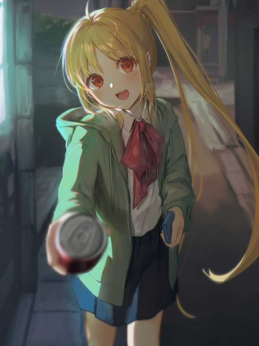 1girl ahoge blonde_hair blush bocchi_the_rock! bow bowtie can collared_shirt cowboy_shot dekalco giving highres holding holding_wallet hood hooded_jacket ijichi_nijika incoming_drink jacket light long_hair night open_clothes open_jacket open_mouth outdoors pleated_skirt reaching_towards_viewer red_bow red_eyes road shirt side_ponytail sidelocks skirt smile soda_can solo street very_long_hair wallet white_shirt