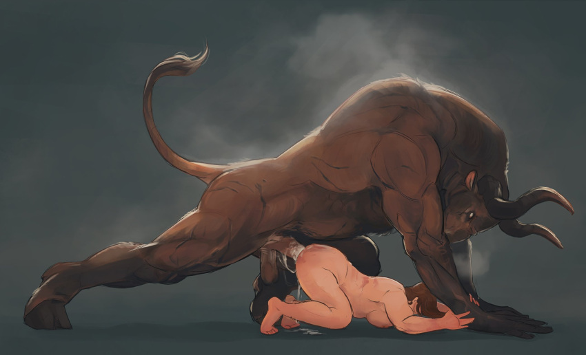 anthro balls bodily_fluids bovid bovine cum cum_in_pussy cum_inside duo european_mythology female female_on_anthro female_penetrated genital_fluids genitals greek_mythology hi_res hooves horn human human_penetrated larger_male male male/female male_penetrating male_penetrating_female mammal minotaur muscular muscular_male mythology penetration penile penile_penetration penis_in_pussy raised_tail saggy_balls sex shrewhub size_difference smaller_female steam sweat vaginal vaginal_penetration