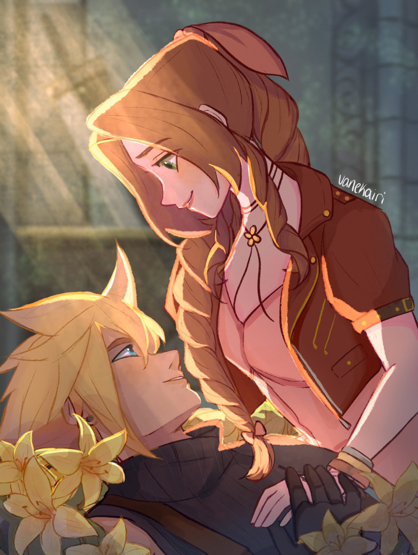 1boy 1girl aerith_gainsborough aqua_eyes artist_name bangs blonde_hair blue_shirt braid braided_ponytail brown_hair choker church cloud_strife cropped_jacket dress final_fantasy final_fantasy_vii final_fantasy_vii_remake flower flower_bed flower_choker green_eyes hair_between_eyes hair_over_shoulder hair_ribbon highres jacket kneeling lily_(flower) long_hair looking_at_another lying on_back parted_bangs parted_lips pink_dress pink_ribbon red_jacket ribbon shirt short_hair short_sleeves sidelocks sleeveless sleeveless_turtleneck smile spiked_hair suspenders turtleneck upper_body vanekairi yellow_flower