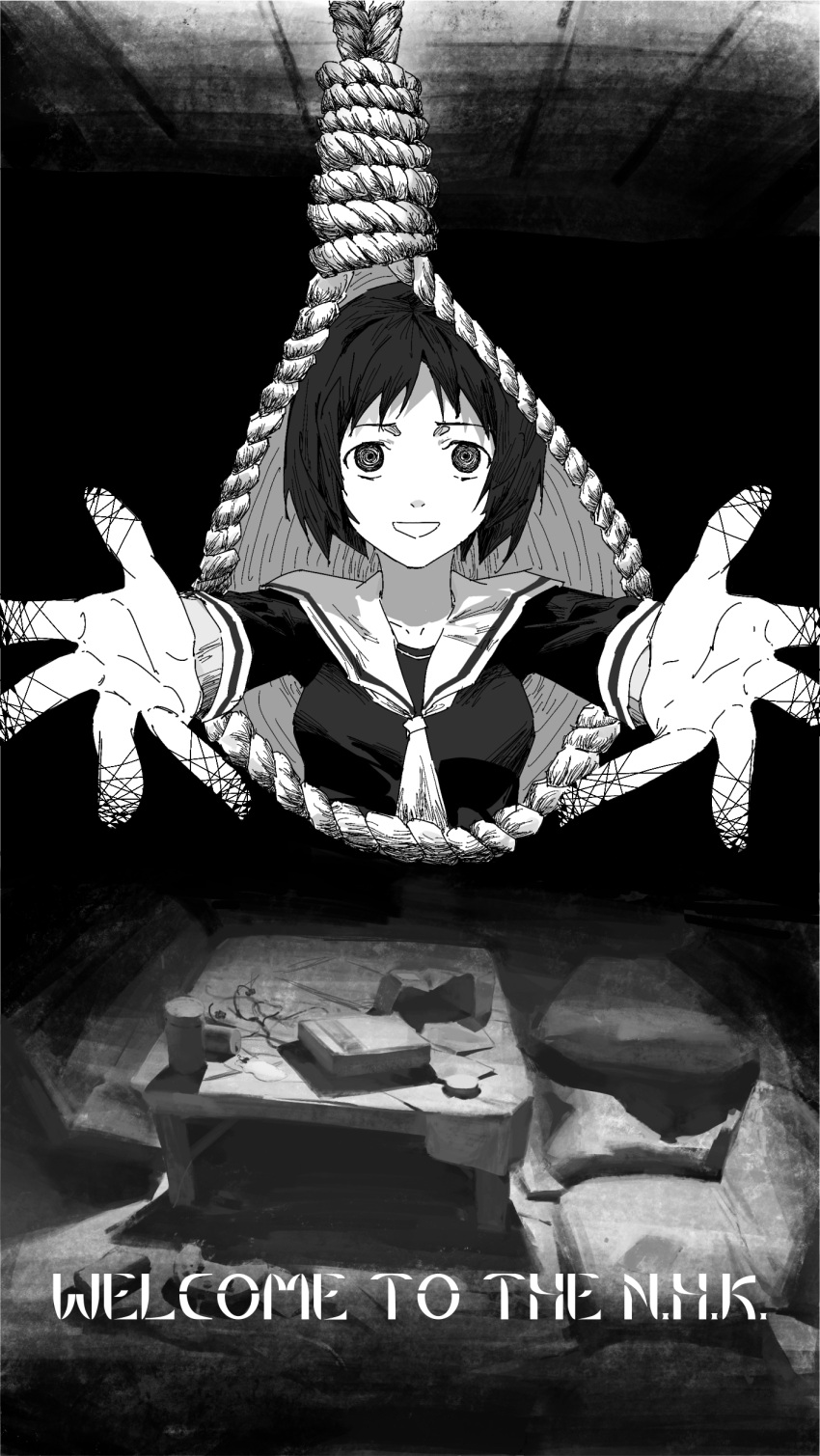 1girl :d @_@ absurdres beer_can black_serafuku black_shirt bob_cut can chair chinese_commentary collarbone commentary_request copyright_name crazy dark dark_room furrowed_brow greyscale grin highres messy_room monochrome nakahara_misaki neckerchief nhk_ni_youkoso! noose outstretched_arms paper psy-cho reaching_towards_viewer sailor_collar school_uniform serafuku shirt short_hair smile solo table upper_body upturned_eyes white_sailor_collar