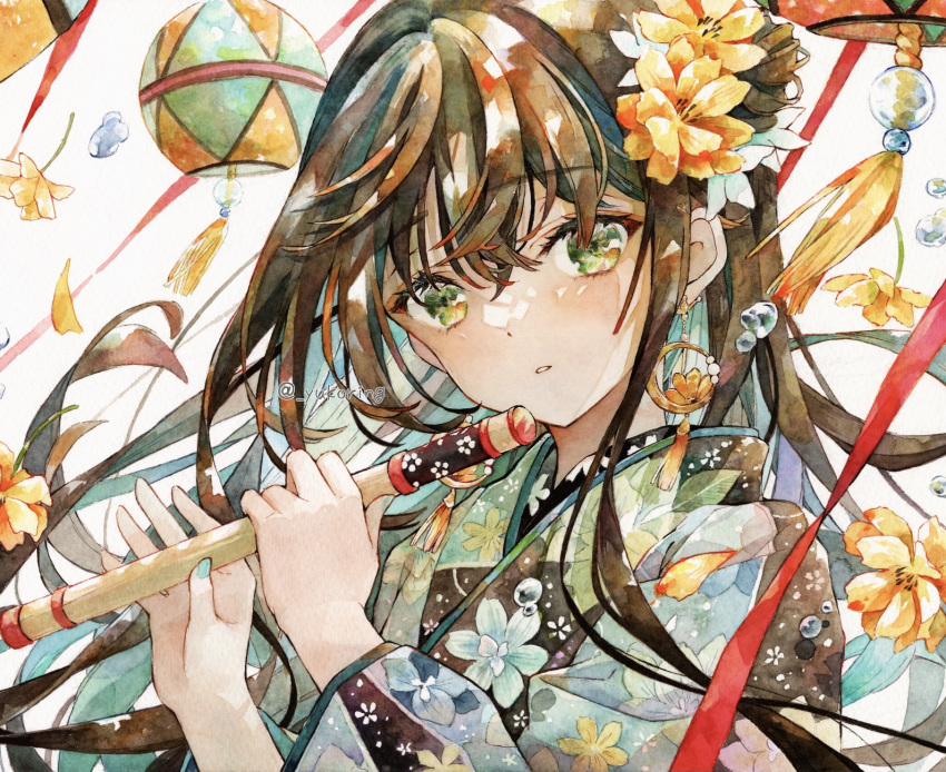 1girl bangs black_kimono blue_flower blue_hair blue_nails brown_hair bubble colored_inner_hair earrings english_commentary floral_print flower gold_earrings green_eyes hair_between_eyes hair_flower hair_ornament highres holding holding_stick japanese_clothes jewelry kimono lantern light_blue_hair light_blue_kimono long_hair looking_at_viewer multicolored_eyes multicolored_hair orange_flower original painting_(medium) paper_lantern parted_lips red_ribbon ribbon shiny shiny_hair single_earring sleeves_past_elbows solo stick traditional_media watercolor_(medium) white_background wide_sleeves yellow_flower yukoring