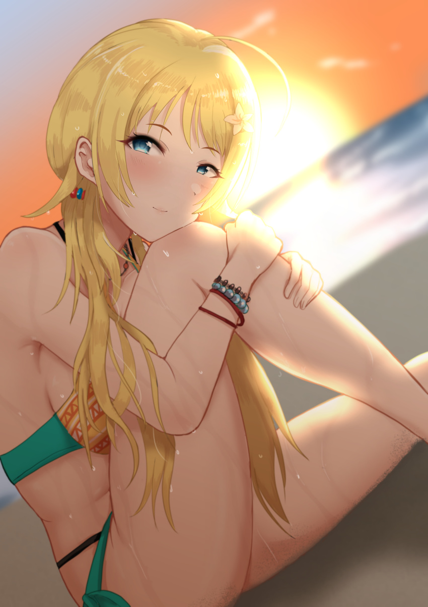 1girl absurdres beach blonde_hair blue_eyes blush bracelet breasts butatamadayo dutch_angle flower hachimiya_meguru hair_flower hair_ornament highres idolmaster idolmaster_shiny_colors jewelry knee_up large_breasts light_smile long_hair looking_at_viewer multiple_bracelets ocean pearl_bracelet sand_on_skin sideboob solo sunset wet