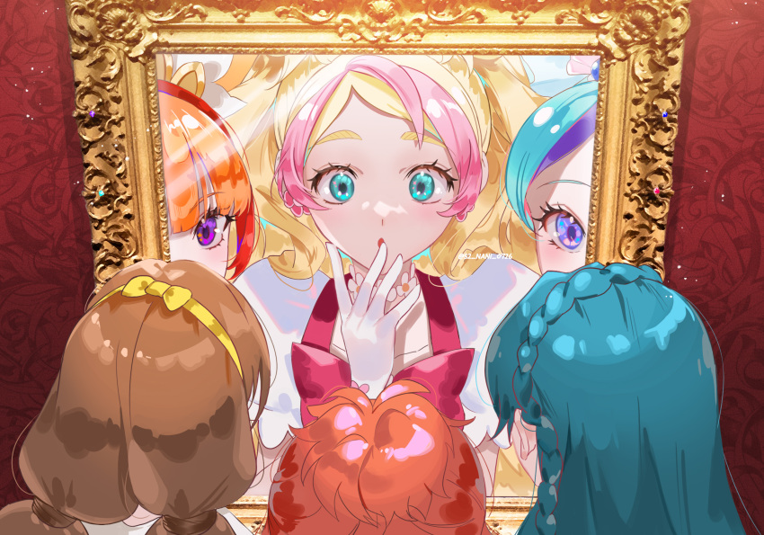 3girls amanogawa_kirara aqua_eyes blonde_hair blue_eyes blue_hair braid brown_hair commentary cure_flora cure_mermaid cure_twinkle different_reflection french_braid gloves go!_princess_precure haruno_haruka headband highres kaidou_minami magical_girl mirror multicolored_hair multiple_girls nani_(s2_nani) orange_hair pink_hair precure purple_eyes purple_hair red_hair reflection thick_eyebrows twintails two-tone_hair white_gloves