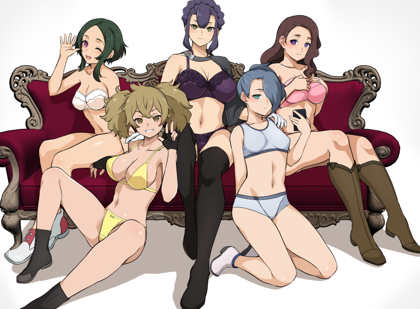 5girls bangs bare_shoulders black_footwear black_gloves boots bra breasts brown_hair cleavage closed_mouth collarbone couch crossed_bangs fingerless_gloves gloves green_hair grin gundam gundam_suisei_no_majo hand_on_another's_shoulder hand_up haruhisky henao_jazz high_heel_boots high_heels highres holding ireesha_plato knee_boots knees_up large_breasts light_brown_hair light_frown maisie_may multiple_girls navel on_couch one_eye_closed panties pink_bra pink_eyes pink_panties purple_bra purple_panties renee_costa sabina_fardin short_hair_with_long_locks sitting smile sports_bra strap_gap strapless strapless_bra thighs twintails underwear w white_bra white_footwear white_gloves yellow_panties