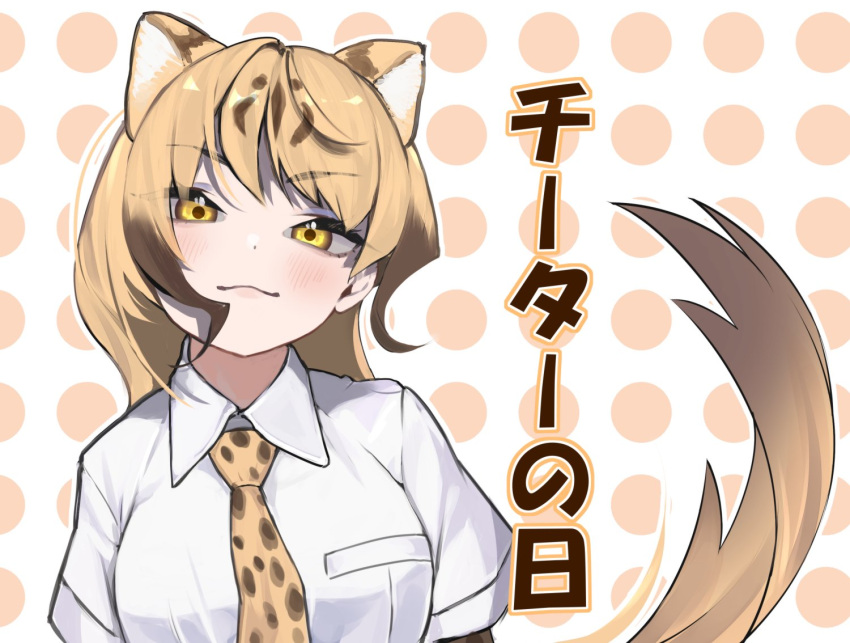 1girl :3 a888_n22 blonde_hair blush brown_hair cheetah_(kemono_friends) cheetah_ears cheetah_girl cheetah_print cheetah_tail collared_shirt extra_ears kemono_friends long_hair looking_at_viewer multicolored_hair necktie print_necktie shirt short_sleeves solo t-shirt translation_request upper_body white_shirt yellow_eyes