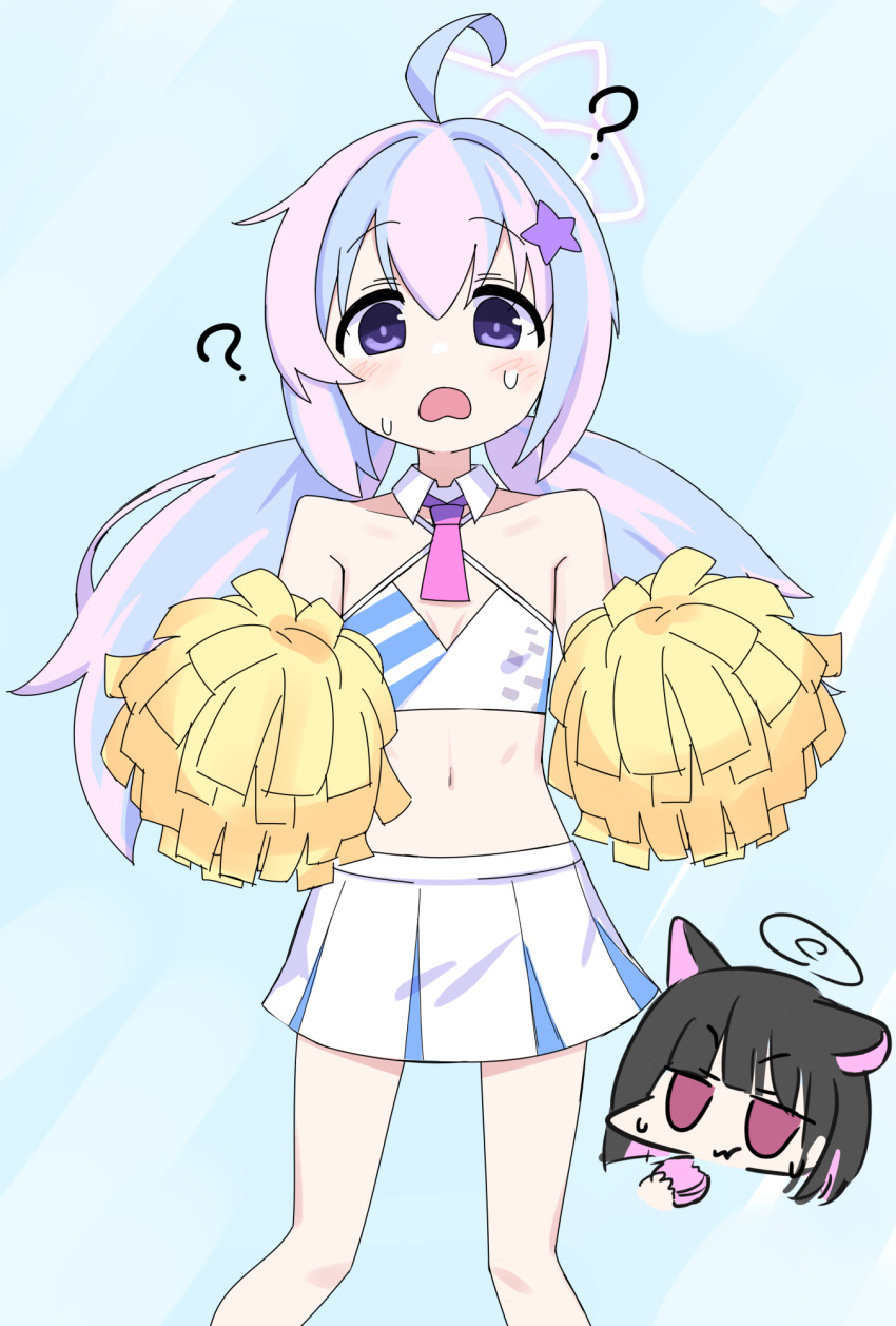 2girls ? alternate_costume animal_ears aqua_background bangs black_hair blue_archive breasts cat_ears cat_girl cheerleader chibi chibi_inset cleavage collarbone commentary_request confused cosplay detached_collar hair_between_eyes hair_ornament hairclip halo hibiki_(blue_archive) hibiki_(blue_archive)_(cosplay) hibiki_(cheerleader)_(blue_archive) highres holding holding_pom_poms kazusa_(blue_archive) long_hair looking_at_viewer low_twintails multicolored_hair multiple_girls navel necktie nirato_shungiku pink_hair pom_pom_(cheerleading) purple_eyes purple_hair red_eyes reisa_(blue_archive) short_hair sidelocks sleeveless solo_focus star_(symbol) star_hair_ornament stomach streaked_hair sweatdrop twintails two-tone_hair