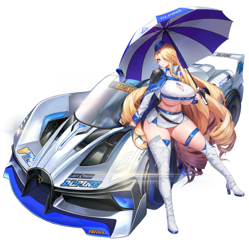 1girl asymmetrical_legwear belt beltbra bikini black_belt black_gloves blonde_hair blue_belt blue_cape blue_eyes blue_headwear blue_umbrella boots breasts cape car charlotte_(last_origin) cleavage cleavage_cutout closed_mouth clothing_cutout collared_jacket d-log english_text epaulettes french_text garrison_cap glint gloves ground_vehicle half_gloves hat high_heel_boots high_heels highres holding holding_umbrella huge_breasts jacket knee_boots last_origin leg_up linea_alba long_hair looking_at_viewer microskirt motor_vehicle multiple_belts official_alternate_costume official_art on_vehicle parasol race_queen race_vehicle racecar single_epaulette skindentation skirt smile swimsuit tachi-e thick_thighs thigh_strap thighs thong transparent_background umbrella underboob very_long_hair white_headwear white_jacket white_skirt white_umbrella