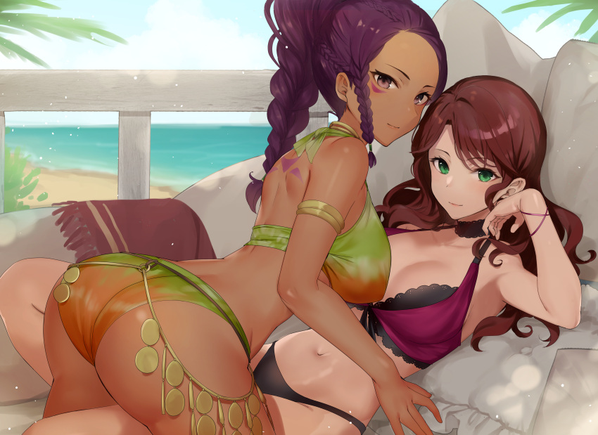 2girls absurdres alternate_costume alternate_hairstyle ass bad_source beach breasts brown_hair cleavage commission commissioner_upload couch dark-skinned_female dark_skin dorothea_arnault fire_emblem fire_emblem:_three_houses fire_emblem_heroes girl_on_top green_eyes haru_(nakajou-28) highres looking_at_viewer lying multiple_girls official_alternate_costume on_back petra_macneary ponytail purple_hair skeb_commission swimsuit