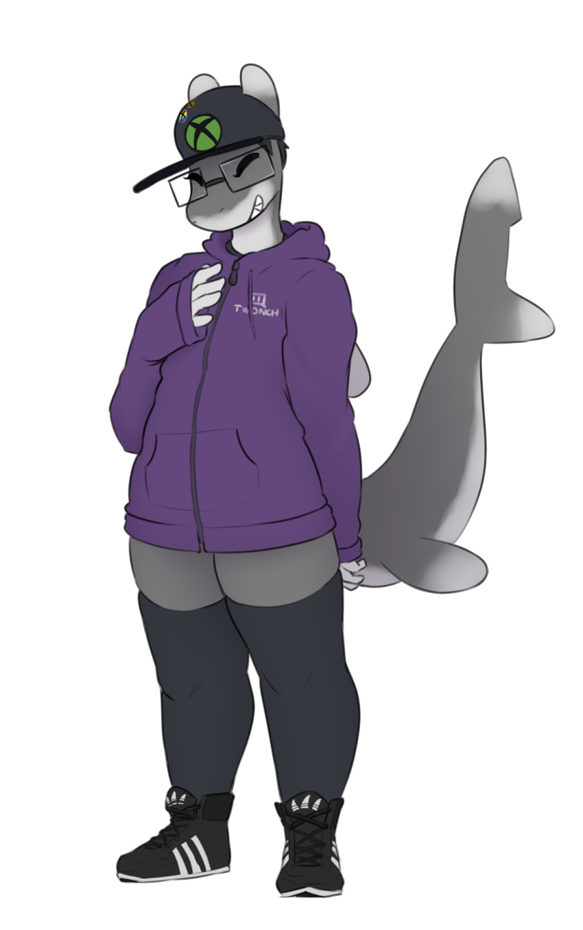 2022 adidas alpha_channel anthro atherol black_hair carcharhinus clothing ear_fins eyes_closed eyewear fin fish footwear glasses grey_body hair hand_behind_back hat headgear headwear hi_res hoodie legwear male marine markings microsoft oceanic_whitetip_shark pins pressie_(nerdshark) purple_clothing purple_hoodie purple_topwear rainbow_pride_colors requiem_shark shark sharp_teeth shoes short_hair simple_background slightly_chubby smile solo stockings teeth thick_thighs topwear touching_own_chest transparent_background twitch.tv video_games white_body xbox xbox_game_studios xbox_logo zipper