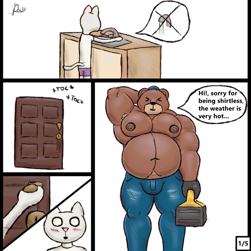 1:1 alanottaviano anthro barazoku belly black_clothing black_gloves black_handwear brown_bear brown_body brown_fur bulge clothing duo english_text fur gloves grizzly_bear handwear hi_res male male/male mammal musclegut muscular muscular_male overweight overweight_male plumber text toolbox ursid ursine