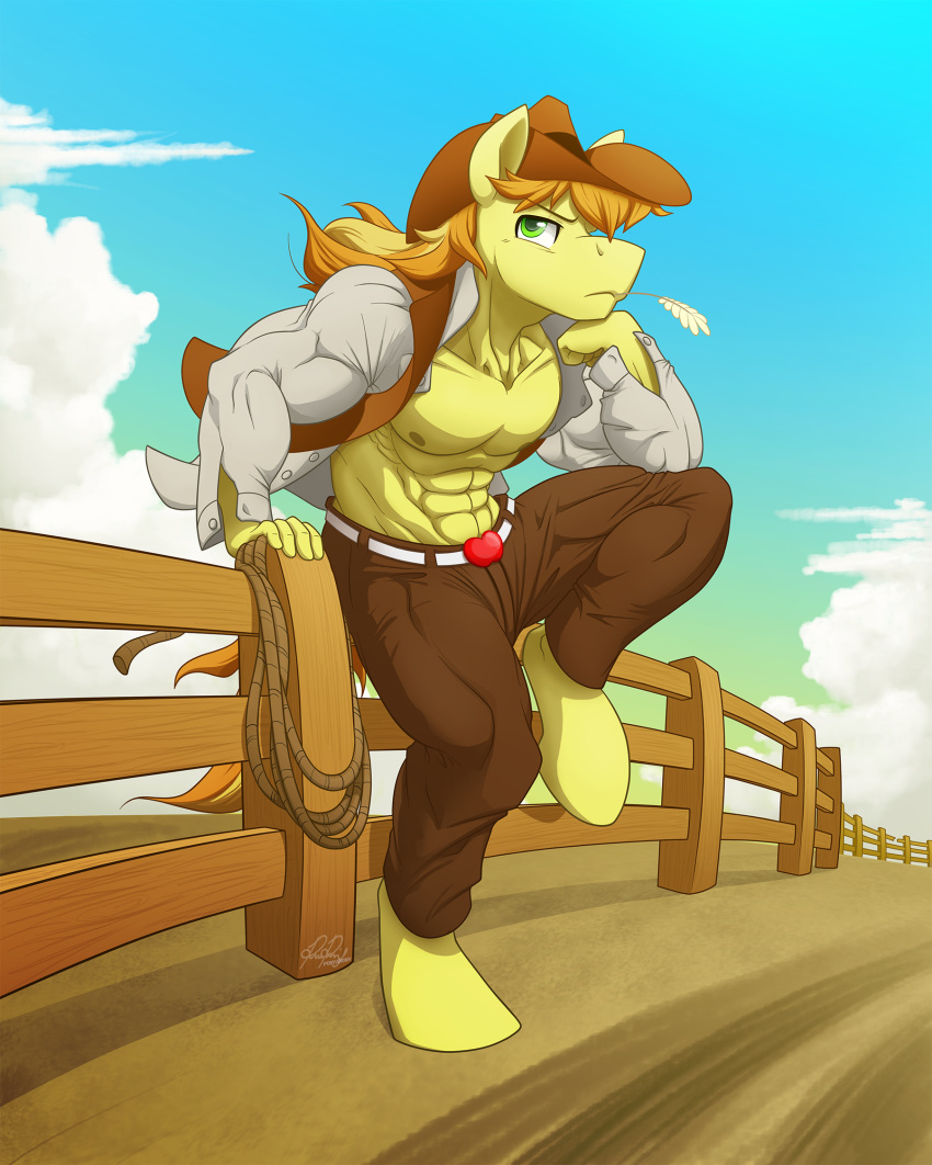 2018 abs anthro anthrofied areola athletic athletic_anthro athletic_male biceps blonde_hair blonde_highlights braeburn_(mlp) clothed clothing cowboy_hat detailed_background digital_drawing_(artwork) digital_media_(artwork) earth_pony equid equine fence fingers friendship_is_magic fur green_eyes hair hasbro hat headgear headwear hi_res highlights_(coloring) hooves horse male mammal multicolored_hair muscular muscular_anthro muscular_male muscular_thighs my_little_pony nipples open_clothing open_shirt open_topwear orange_hair outside pecs pony ponyanony rope shirt signature sitting solo straw topwear two_tone_hair unguligrade_anthro yellow_body yellow_fur