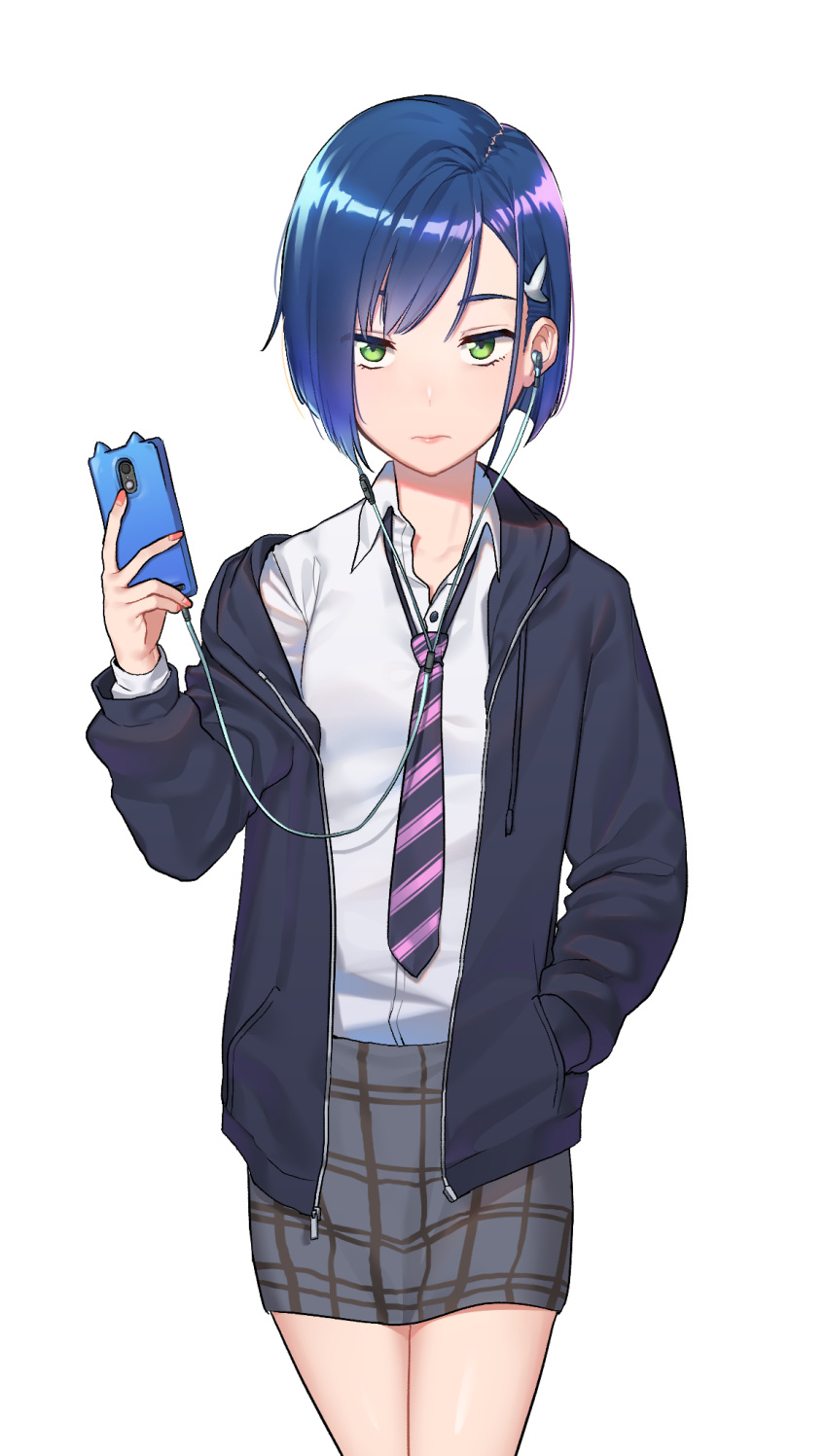 1girl :| bangs black_hoodie black_necktie blue_hair bob_cut breasts cellphone closed_mouth collarbone commentary cowboy_shot darling_in_the_franxx diagonal-striped_necktie diagonal_stripes drawstring dress_shirt earbuds earphones expressionless green_eyes grey_skirt hair_ornament hairclip highres holding holding_phone hood hood_down hoodie ichigo_(darling_in_the_franxx) kam-ja lips nail_polish necktie off_shoulder open_clothes open_hoodie pencil_skirt phone pink_lips plaid plaid_skirt purple_necktie red_nails school_uniform shirt short_hair skirt small_breasts smartphone smartphone_case solo standing striped swept_bangs upturned_eyes white_shirt
