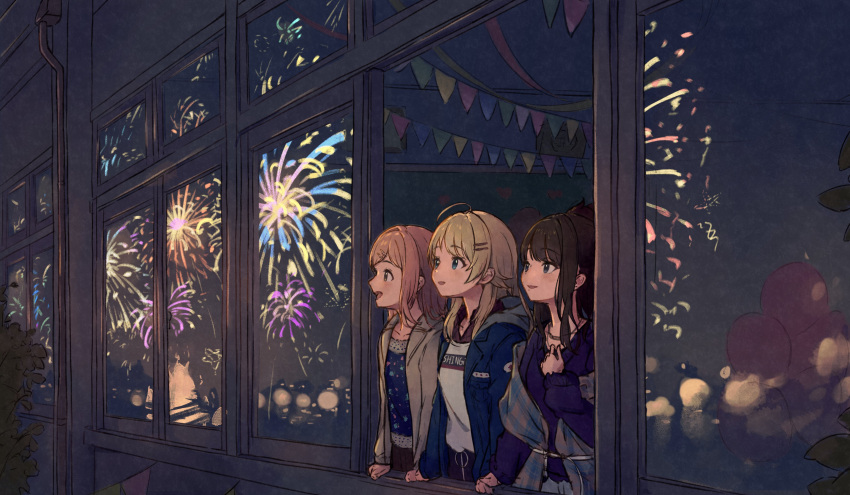 3girls absurdres black_hair blonde_hair blue_eyes brown_eyes brown_hair coat dark_room fireworks grey_eyes hachimiya_meguru hageringo highres idolmaster idolmaster_shiny_colors kazano_hiori leaf leaning looking_outside multiple_girls night open_mouth open_window reflection sakuragi_mano shawl smile string_of_flags window