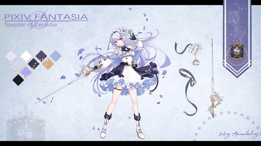 1girl absurdres black_gloves blue_eyes breasts character_name copyright_name dress flower full_body gloves grey_hair hair_flower hair_ornament highres holding holding_weapon lily_amadahy long_hair long_sleeves petals pixiv_fantasia pixiv_fantasia_scepter_of_zeraldia small_breasts so_tsubasa solo standing very_long_hair weapon white_dress white_footwear