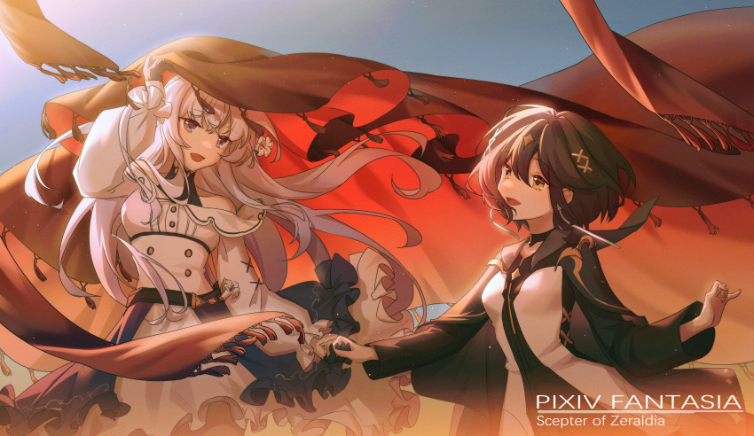 2girls :d absurdres ape black_gloves black_hair blue_eyes brown_eyes copyright_name day dress gloves hair_between_eyes highres holding_hands lily_amadahy long_sleeves multiple_girls outdoors pixiv_fantasia pixiv_fantasia_scepter_of_zeraldia scarf smile so_tsubasa thaleia_(pfsoz) white_dress white_hair