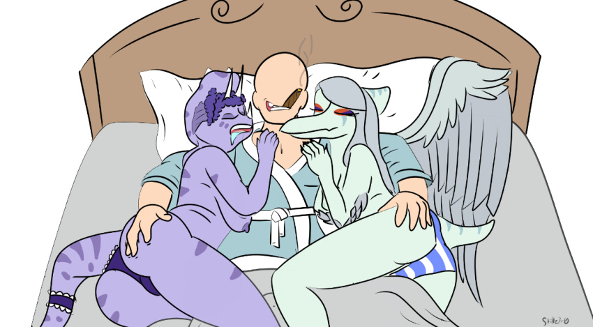 anon_(snoot_game) anthro bald bathrobe bed blue_body ceratopsian cigar clothed clothing dinosaur embrace eyes_closed facial_horn fang_(gvh) feathered_wings feathers female furniture goodbye_volcano_high group hair horn human long_hair long_snout male mammal ornithischian panties pterodactylus pterosaur purple_body purple_hair reptile robe scalie silver_hair simple_background sleeping smoking snoot_game_(fan_game) snout stillzero topless triceratops trio trish_(gvh) underwear video_games white_background wings