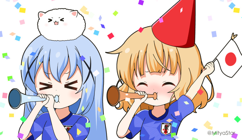 &gt;_&lt; 2022_fifa_world_cup 2girls angora_rabbit animal animal_on_head bangs blonde_hair blue_hair blue_shirt blush closed_eyes commentary_request confetti flag gochuumon_wa_usagi_desu_ka? hair_ornament hat holding holding_flag holding_instrument horn_(instrument) instrument japanese_flag kafuu_chino kirima_syaro long_hair mitya multiple_girls on_head open_mouth party_hat rabbit red_headwear shirt short_sleeves simple_background tilted_headwear tippy_(gochiusa) twitter_username upper_body vuvuzela white_background world_cup x_hair_ornament