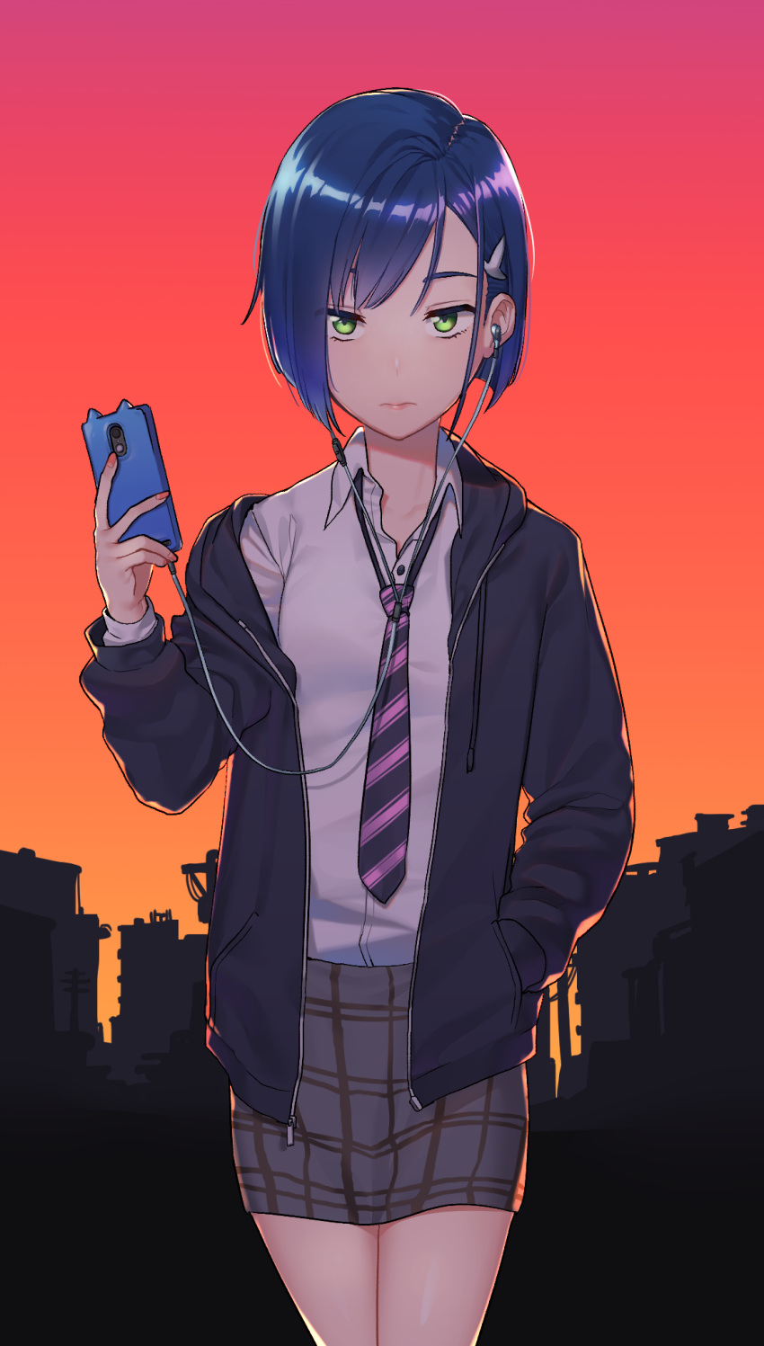 1girl :| backlighting bangs black_background black_hoodie black_necktie blue_hair bob_cut breasts building cellphone cityscape closed_mouth collarbone commentary cowboy_shot darling_in_the_franxx diagonal-striped_necktie diagonal_stripes drawstring dress_shirt earbuds earphones expressionless gradient gradient_background green_eyes grey_skirt hair_ornament hairclip hand_in_pocket highres holding holding_phone hood hood_down hoodie ichigo_(darling_in_the_franxx) kam-ja lips nail_polish necktie off_shoulder open_clothes open_hoodie orange_background pencil_skirt phone pink_lips plaid plaid_skirt power_lines purple_necktie red_background red_nails school_uniform shirt short_hair silhouette skirt small_breasts smartphone smartphone_case solo standing striped swept_bangs upturned_eyes utility_pole white_shirt