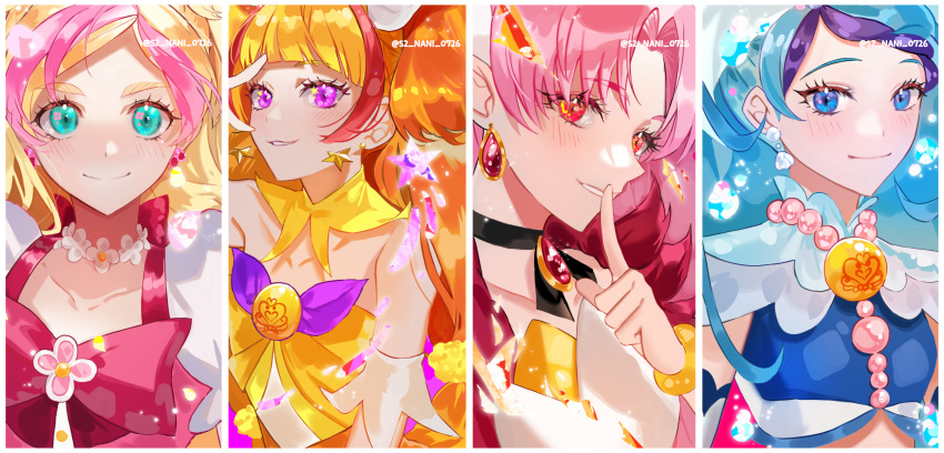 4girls akagi_towa amanogawa_kirara aqua_eyes black_choker blonde_hair blue_eyes blue_hair bow bracelet choker commentary cure_flora cure_mermaid cure_scarlet cure_twinkle earrings finger_to_mouth flower_choker flower_earrings go!_princess_precure haruno_haruka highres jewelry kaidou_minami magical_girl multiple_girls nani_(s2_nani) necklace orange_hair pink_bow pink_hair precure puffy_short_sleeves puffy_sleeves purple_eyes purple_hair quad_tails red_eyes red_hair shell shell_earrings short_sleeves smile star_(symbol) star_earrings thick_eyebrows