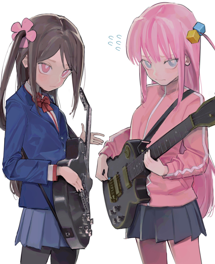 2girls absurdres bangs blue_eyes bocchi_the_rock! bow bowtie brown_hair closed_mouth collared_shirt crossover cube_hair_ornament electric_guitar flower gibson_les_paul gotou_hitori grey_skirt guitar hair_between_eyes hair_flower hair_ornament hair_over_eyes highres hitori_bocchi hitoribocchi_no_marumaru_seikatsu holding holding_instrument instrument jacket long_hair looking_at_viewer multiple_girls one_side_up pants pants_under_skirt pink_hair pink_jacket pink_pants pleated_skirt saaal653 school_uniform shirt shy simple_background skirt standing track_jacket track_pants white_background