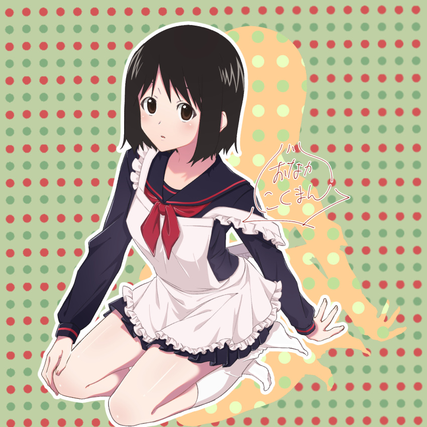 1girl apron arm_support bangs black_hair black_sailor_collar black_serafuku black_shirt black_skirt blush bob_cut breasts brown_eyes commentary expressionless frilled_apron frills from_above full_body green_background hand_on_own_knee highres long_sleeves looking_at_viewer looking_up medium_breasts miniskirt nakahara_misaki neckerchief nhk_ni_youkoso! onakanikuman outline parted_lips pleated_skirt polka_dot polka_dot_background red_neckerchief sailor_collar school_uniform seiza serafuku shirt short_hair sitting skirt socks solo upturned_eyes white_apron white_outline white_socks