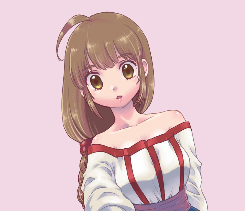 1girl arc_the_lad bare_shoulders braid breasts brown_eyes brown_hair collarbone dress lieza_(arc_the_lad) long_hair looking_at_viewer open_mouth simple_background single_braid solo taiko_poco very_long_hair