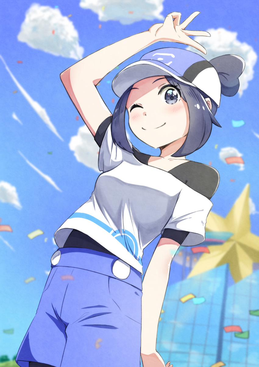 1girl ;) absurdres arm_up bettie_(pokemon) black_hair black_undershirt blue_shorts blue_sky blurry blurry_background cloud hair_bun hat highres looking_at_viewer negimiso1989 one_eye_closed pokemon pokemon_(game) pokemon_masters_ex shirt short_hair shorts single_hair_bun sky smile undershirt w white_shirt