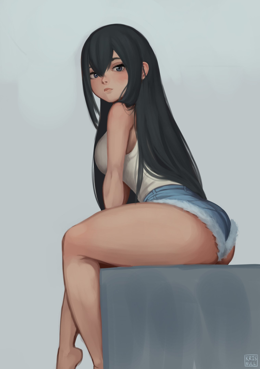 1girl artist_logo artist_name asui_tsuyu bangs barefoot black_eyes black_hair blue_shorts boku_no_hero_academia breasts closed_mouth cutoffs denim denim_shorts feet_out_of_frame from_side grey_background hair_between_eyes highres kris_null long_hair looking_at_viewer medium_breasts shirt shorts sidelocks simple_background sitting sleeveless sleeveless_shirt solo thighs white_shirt