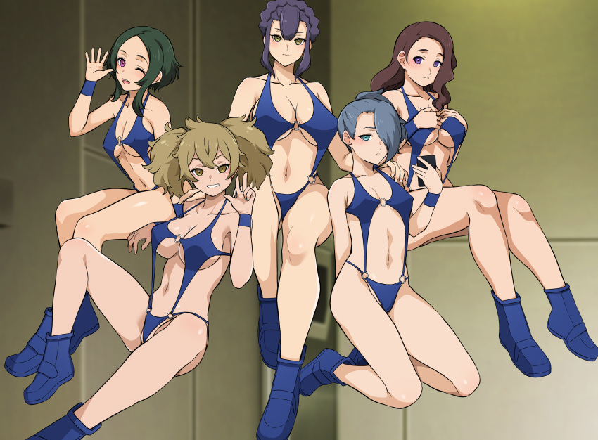 6+girls absurdres blue_hair boots braid breasts brown_eyes brown_hair cleavage collarbone cosplay expressionless fingerless_gloves gloves green_eyes green_hair grin gundam gundam_suisei_no_majo hair_over_one_eye hand_on_another's_shoulder haruhisky henao_jazz highres holding holding_phone ireesha_plato light_brown_hair long_hair looking_at_viewer maisie_may medium_breasts multiple_girls navel neneka_nibrou neneka_nibrou_(cosplay) one_eye_closed open_mouth phone purple_eyes purple_hair renee_costa sabina_fardin shoes slingshot_swimsuit small_breasts smile swimsuit victory_gundam yellow_eyes