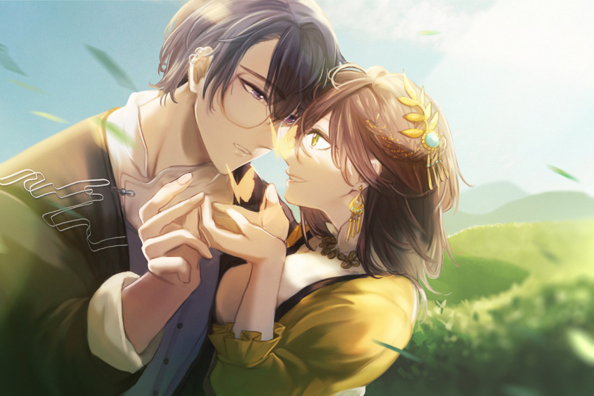 1boy 1girl :d bangs black_jacket blue_sky brown_hair earrings grass green_eyes grin hair_ornament jacket jewelry long_hair looking_at_another marius_von_hagen_(tears_of_themis) outdoors purple_eyes purple_hair remosea rosa_(tears_of_themis) shirt short_hair sky smile tears_of_themis teeth white_shirt yellow_jacket