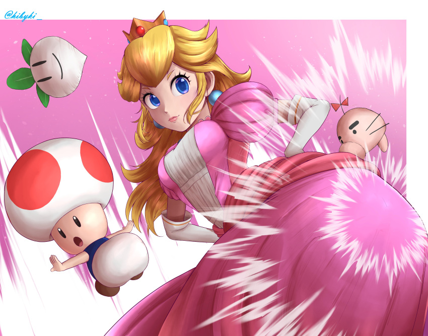 1boy 1girl 2021 absurdres artist_name ass blonde_hair blue_earrings blue_eyes blue_vest bow breasts crown doseisan dress earrings elbow_gloves gloves hands_on_hips hiby highres hip_attack jewelry long_hair mario_(series) medium_breasts mini_crown mother_(game) mushroom mushroom_hat pink_dress princess_peach puffy_short_sleeves puffy_sleeves red_bow short_sleeves signature super_smash_bros. toad_(mario) turnip twitter_username vest