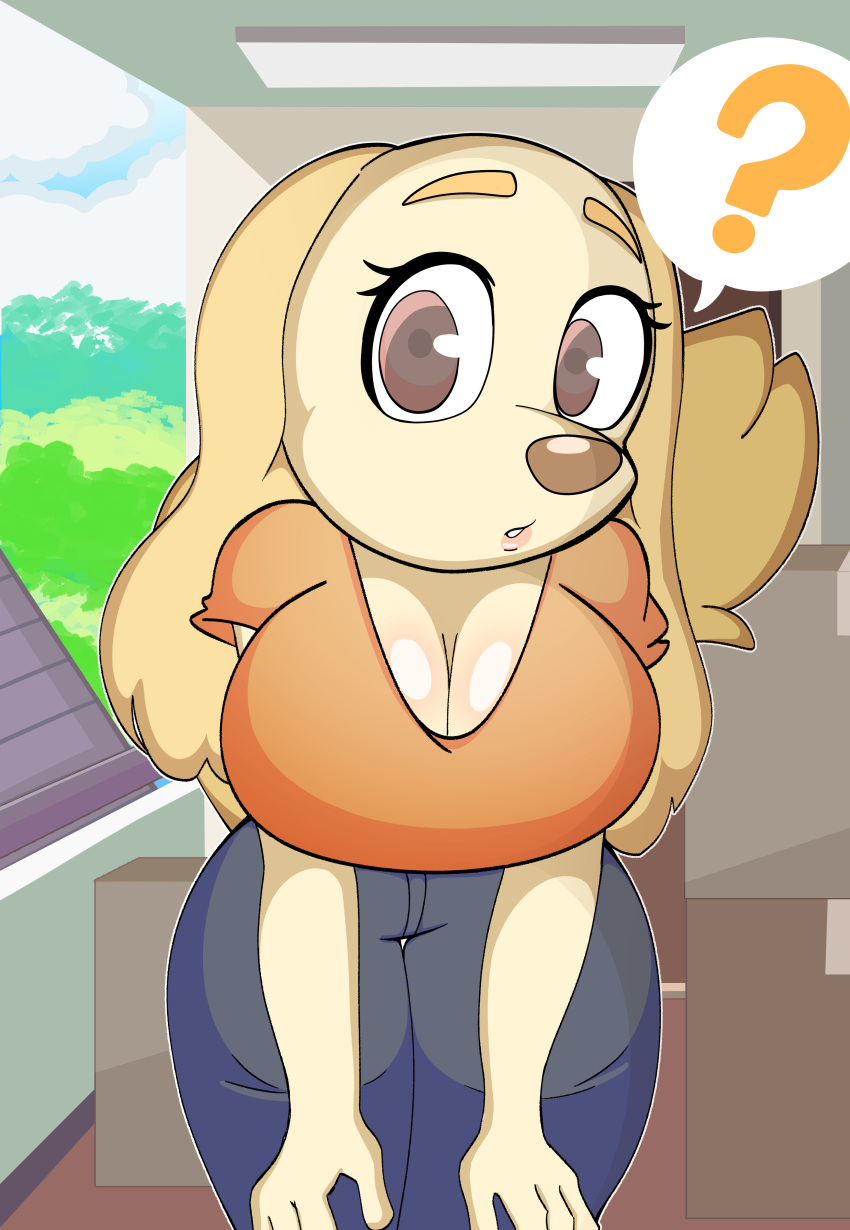 absurd_res aggressive_retsuko anthro big_breasts bottomwear breasts canid canine canis cleavage clothed clothing denim denim_clothing domestic_dog female hi_res hunting_dog inui_(aggressive_retsuko) jeans leaning leaning_forward looking_at_viewer mammal onibi pants question_mark sanrio sighthound solo