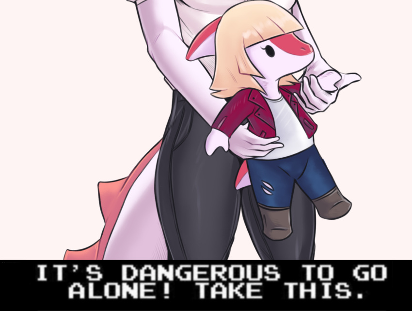 5_fingers anthro blonde_hair breasts clothing deadassspider dinosaur english_text female fingers goodbye_volcano_high hadrosaurid hair holding_object holding_plushie i_wani_hug_that_gator it's_dangerous_to_go_alone meme mia_(iwhtg) naomi_(gvh) orange_body ornithischian parasaurolophus pink_body plushie reptile scalie shirt simple_background snoot_game_(fan_game) solo spikes spikes_(anatomy) standing text topwear torn_clothing
