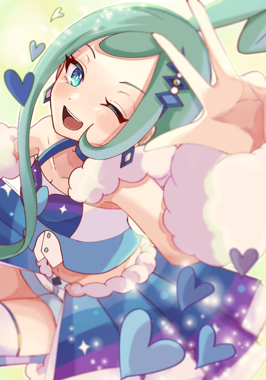 1girl absurdres arm_warmers bangs earrings eyelashes green_eyes green_hair hair_ornament heart highres jewelry lisia_(pokemon) looking_at_viewer midriff navel one_eye_closed open_mouth pokemon pokemon_(game) pokemon_oras shorts shorts_under_skirt showgirl_skirt solo ssn_(sasa8u9r) teeth thighhighs upper_teeth w