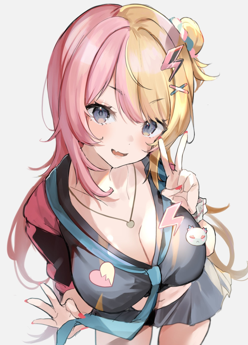 1girl black_eyes black_skirt blonde_hair blue_necktie breasts cleavage fang hair_bun hair_ornament hair_scrunchie heart highres jewelry kotoka_torahime large_breasts long_hair multicolored_hair nail_polish navel necklace necktie nijisanji nijisanji_en oimo_0imo open_mouth pink_hair red_nails school_uniform scrunchie single_hair_bun skin_fang skirt solo v virtual_youtuber x_hair_ornament