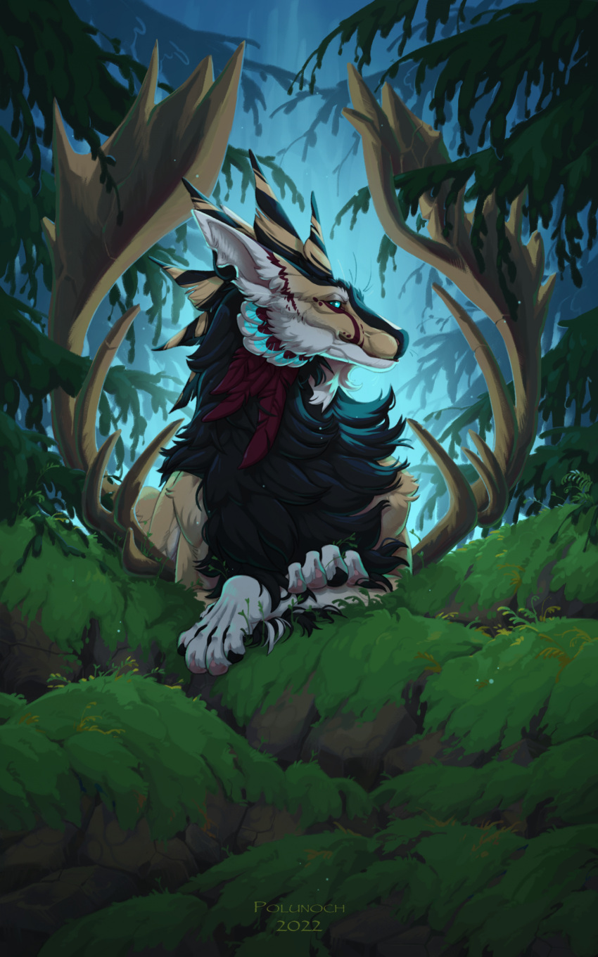 2022 absurd_res ambiguous_gender black_body black_fur blue_eyes detailed_background digital_media_(artwork) dragon feral forest fur furred_dragon hi_res moss night outside paws plant polunoch smile solo tree