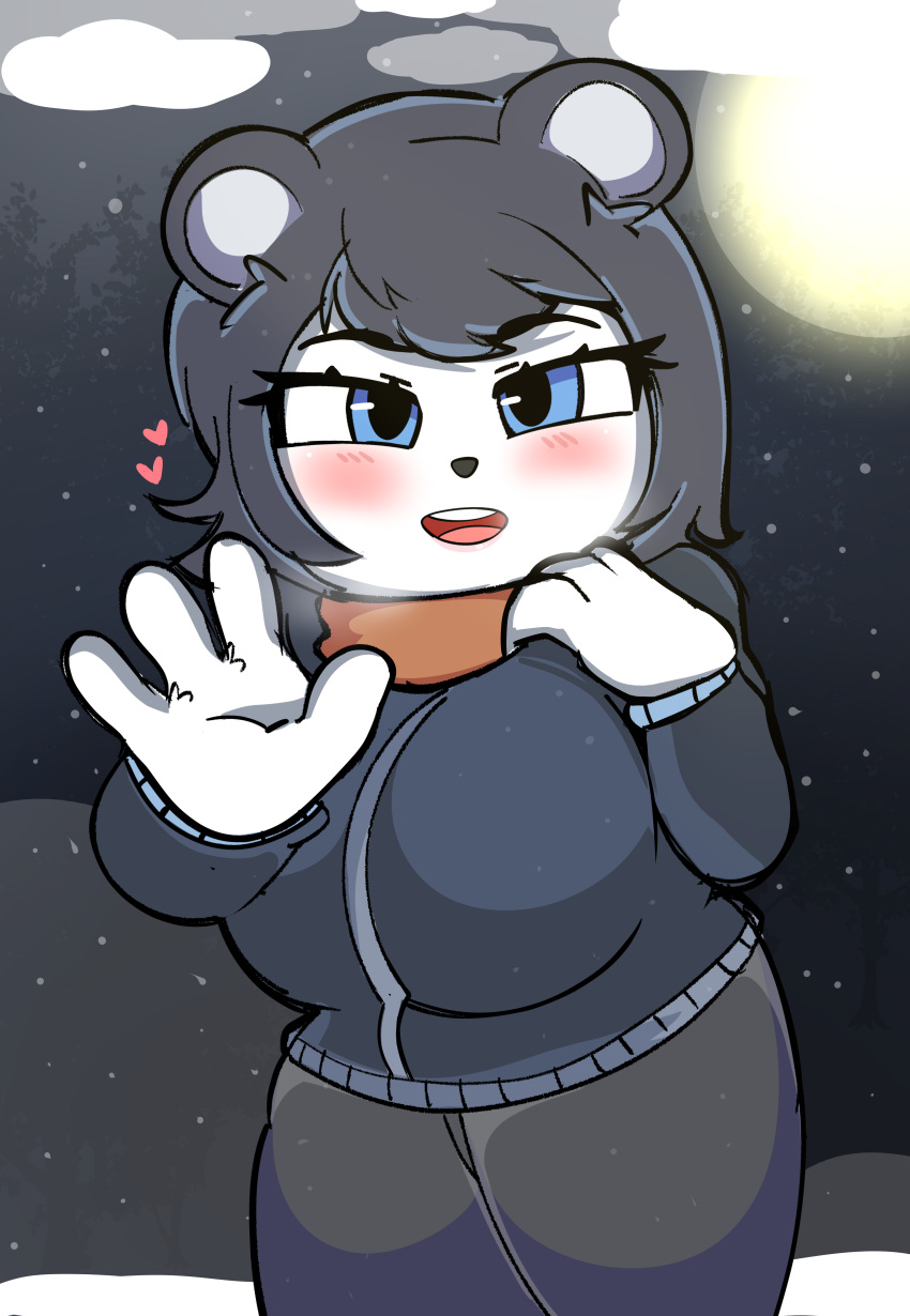 &lt;3 absurd_res anthro big_breasts blush breasts clothed clothing female fully_clothed gesture hi_res jacket looking_at_viewer mammal onibi scarf snow solo topwear ursid waving