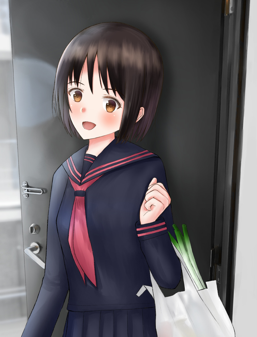 1girl :d absurdres arm_at_side bag bangs black_hair black_sailor_collar black_serafuku black_shirt black_skirt blush bob_cut breasts brown_eyes commentary curled_fingers door_handle grocery_bag highres holding holding_bag looking_at_viewer myuuruaa nakahara_misaki nhk_ni_youkoso! open_door open_mouth plastic_bag pleated_skirt sailor_collar school_uniform serafuku shirt shopping_bag short_hair skirt small_breasts smile solo spring_onion upper_body