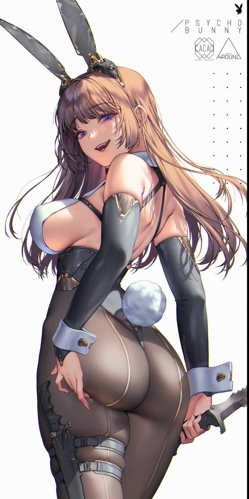 1girl absurdres animal_ears arched_back ass back bangs bare_shoulders blue_eyes bodystocking breasts brown_hair covered_nipples elbow_sleeve from_behind hand_on_own_ass highleg highleg_leotard highres holding holding_knife holding_weapon holster knife large_breasts leotard long_hair looking_at_viewer looking_back love_cacao open_mouth original pantyhose playboy_bunny purple_eyes rabbit_ears rabbit_tail see-through see-through_legwear sideboob simple_background smile solo strap tail thigh_holster thigh_strap upper_body weapon white_background wrist_cuffs
