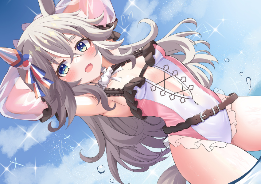 absurdres alternate_costume animal_ears armpits arms_up blue_eyes blush breasts cloud commentary_request grey_hair hair_between_eyes hair_ornament highres horse_ears horse_girl horse_tail kurashina_yuzuki looking_at_viewer navel open_mouth small_breasts sparkle swimsuit tail thick_eyebrows umamusume wonder_acute_(umamusume)