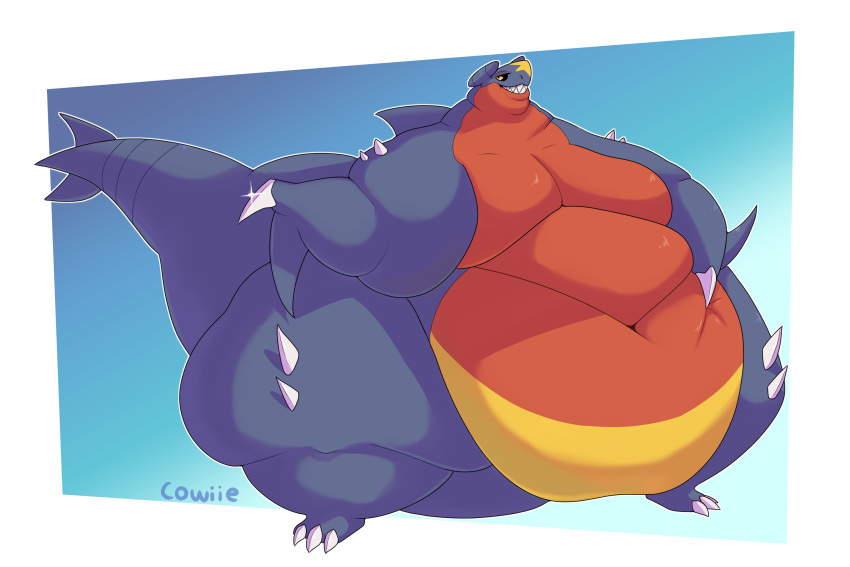 2022 3:2 anthro belly belly_overhang belly_squish big_belly black_sclera claws cowiie dorsal_fin double_chin fangs fat_arms fat_rolls fin full-length_portrait garchomp generation_4_pokemon grin hi_res huge_moobs huge_thighs hyper hyper_belly looking_at_viewer male moobs morbidly_obese navel nintendo obese overweight pokemon pokemon_(species) portrait purple_body red_body simple_background smile solo sparkles spikes squish standing tail_fin thick_arms thick_tail thick_thighs video_games wide_hips yellow_body yellow_eyes