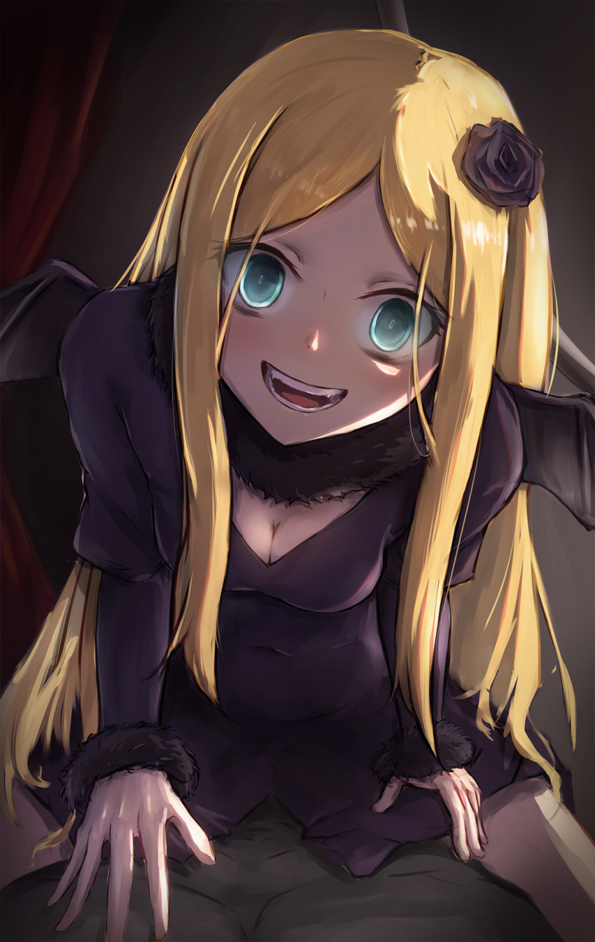 1girl 1other bat_wings black_dress black_flower black_rose blonde_hair breasts cleavage commentary_request covered_navel crazy_eyes crazy_smile dress flower fur-trimmed_scarf fur-trimmed_sleeves fur_trim green_eyes hair_flower hair_ornament highres indoors l2_(keonyuigita) long_hair long_sleeves looking_at_viewer medium_breasts open_mouth overlord_(maruyama) pov red_curtains renner_theiere_chardelon_ryle_vaiself rose sitting sitting_on_person smile solo_focus teeth tongue wings