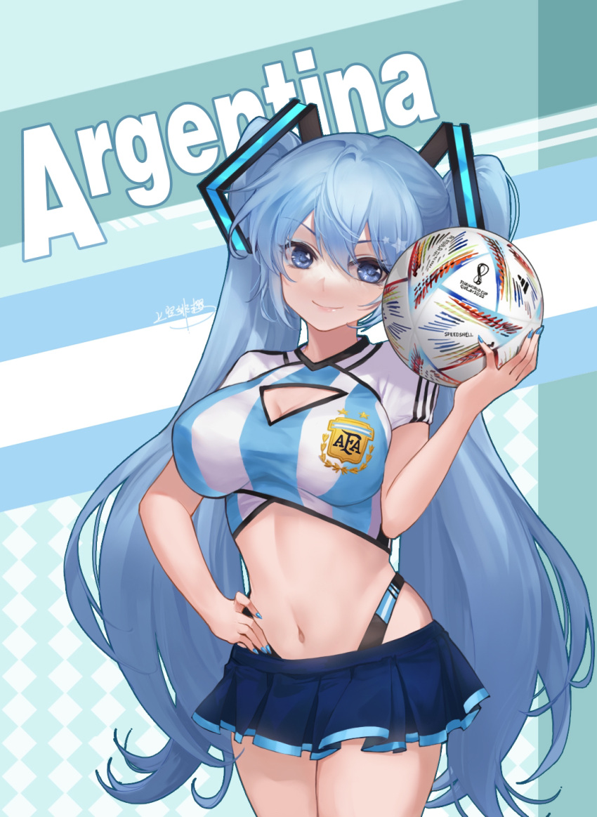 1girl 2022_fifa_world_cup al_rihla argentina argentinian_flag ball blue_eyes blue_hair blue_nails blue_skirt breasts cleavage_cutout clothing_cutout commentary commentary_request english_text hand_on_hip hatsune_miku highleg highleg_panties highres holding holding_ball jokanhiyou large_breasts long_hair miniskirt navel panties short_sleeves skirt soccer_ball solo twintails two-tone_shirt underwear very_long_hair vocaloid world_cup