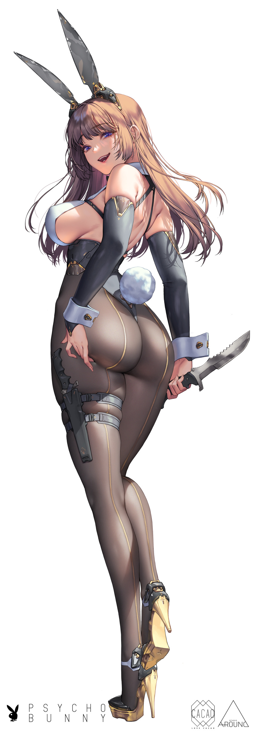 1girl absurdres animal_ears arched_back ass back bangs bare_shoulders blue_eyes blush bodystocking breasts brown_hair covered_nipples detached_sleeves elbow_sleeve fake_tail from_behind full_body hand_on_own_ass high_heels highleg highleg_leotard highres holding holding_knife holding_weapon holster knife large_breasts legs leotard long_hair looking_at_viewer looking_back love_cacao open_mouth original pantyhose playboy_bunny purple_eyes rabbit_ears rabbit_tail see-through see-through_legwear sideboob simple_background skindentation smile solo standing standing_on_one_leg strap strapless tail thigh_holster thigh_strap weapon white_background wrist_cuffs