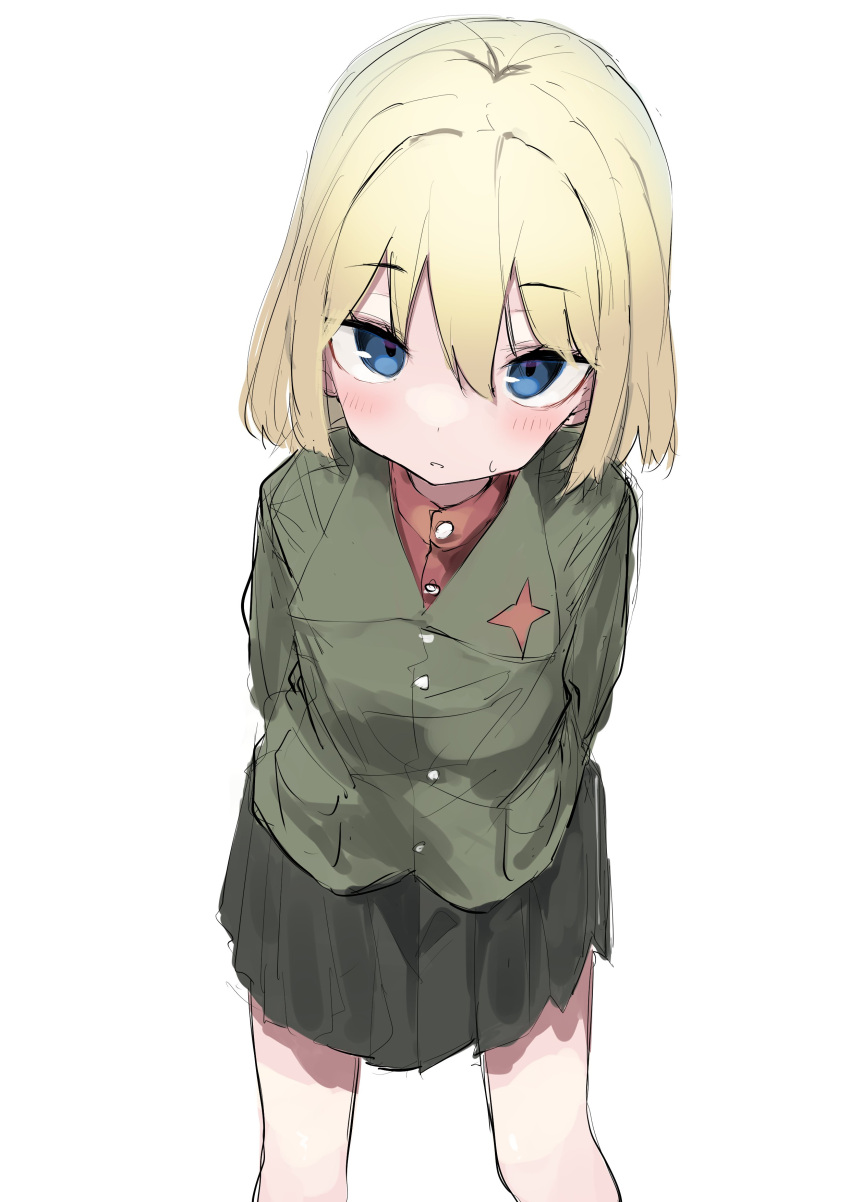 1girl absurdres bangs black_skirt blonde_hair blue_eyes blush commentary_request gingerbullet girls_und_panzer green_jacket hair_between_eyes highres jacket katyusha_(girls_und_panzer) looking_at_viewer parted_lips pleated_skirt red_shirt shirt simple_background skirt solo standing sweat white_background