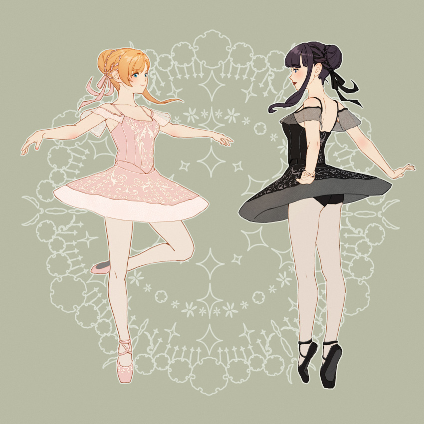 2girls absurdres alternate_hairstyle ballerina ballet ballet_slippers bangs black_hair blue_eyes blush en_pointe final_fantasy final_fantasy_xiv gaia_(ff14) hair_bun highres looking_at_another lyra-kotto multiple_girls orange_hair pantyhose ryne short_hair_with_long_locks tutu white_pantyhose