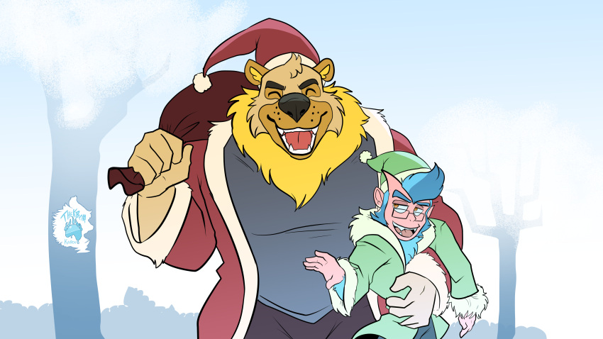 16:9 4k absurd_res anthro bax_pria_(character) christmas cosplay duo haplorhine hi_res holidays karou_(thekbear) krampus male male_anthro mammal monkey primate santa_claus santa_clothing thekinkybear ursid widescreen