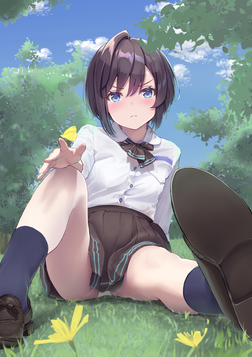 1girl black_hair black_skirt black_socks blue_eyes blue_sky blush bow bowtie breast_pocket brown_bow brown_bowtie brown_footwear brown_skirt bug butterfly butterfly_on_hand closed_mouth cloud cloudy_sky collared_shirt commentary_request dandelion day dress_shirt flower frown grass highres knee_up kneehighs legs loafers long_sleeves looking_at_viewer on_grass original outdoors panties pantyshot pleated_skirt pocket shirt shoes short_hair sitting skirt sky socks soles solo thighs tree underwear v-shaped_eyebrows white_panties white_shirt yellow_butterfly yellow_flower yunarebun