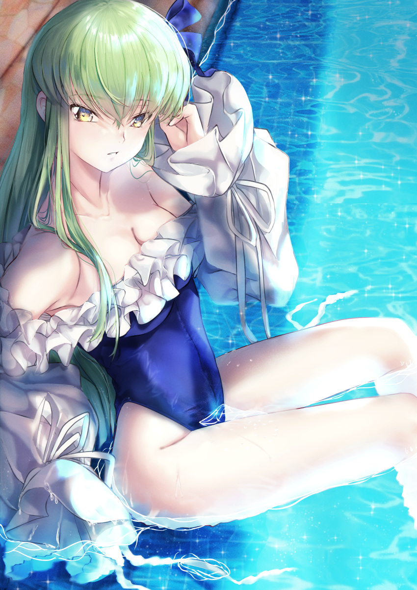 1girl absurdres bangs blue_one-piece_swimsuit breasts budgiepon c.c. cleavage code_geass collarbone cosplay fate/grand_order fate_(series) frills green_hair highleg highleg_swimsuit highres long_hair looking_at_viewer meltryllis_(fate) meltryllis_(fate)_(cosplay) meltryllis_(swimsuit_lancer)_(fate) meltryllis_(swimsuit_lancer)_(fate)_(cosplay) parted_lips pool sitting solo swimsuit yellow_eyes