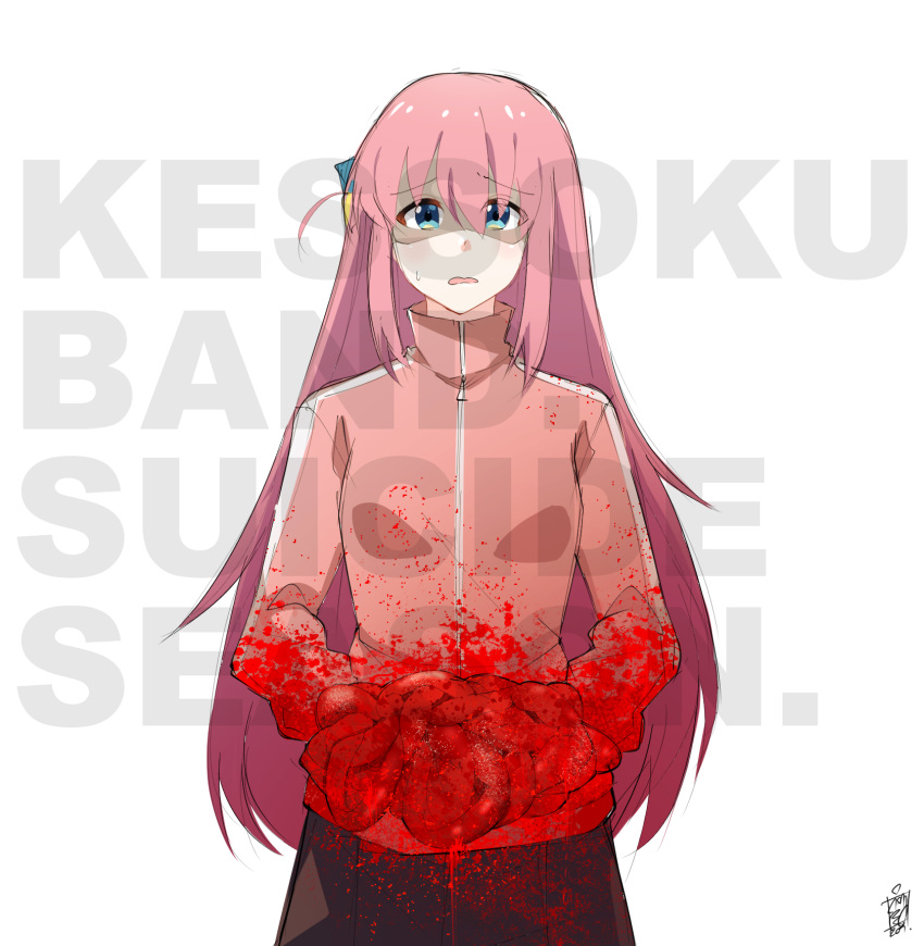 1girl album_cover_redraw blood bocchi_the_rock! bring_me_the_horizon cube_hair_ornament derivative_work english_commentary english_text entrails equ4lhate gotou_hitori guro hair_between_eyes hair_ornament highres holding_entrails jacket jumpsuit long_hair organs pink_hair pink_jacket shaded_face signature sweatdrop track_jacket white_background